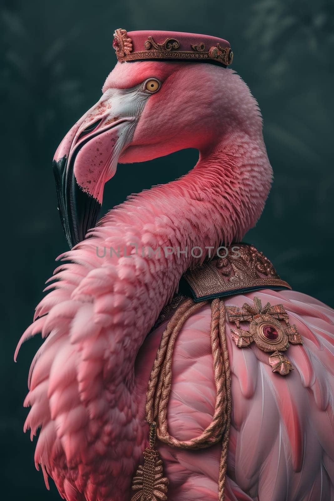 Pink flamingo on a dark background.