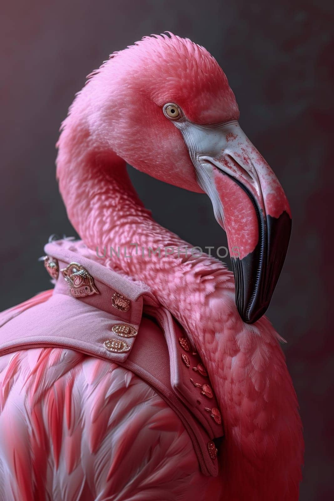Pink flamingo on a dark background.