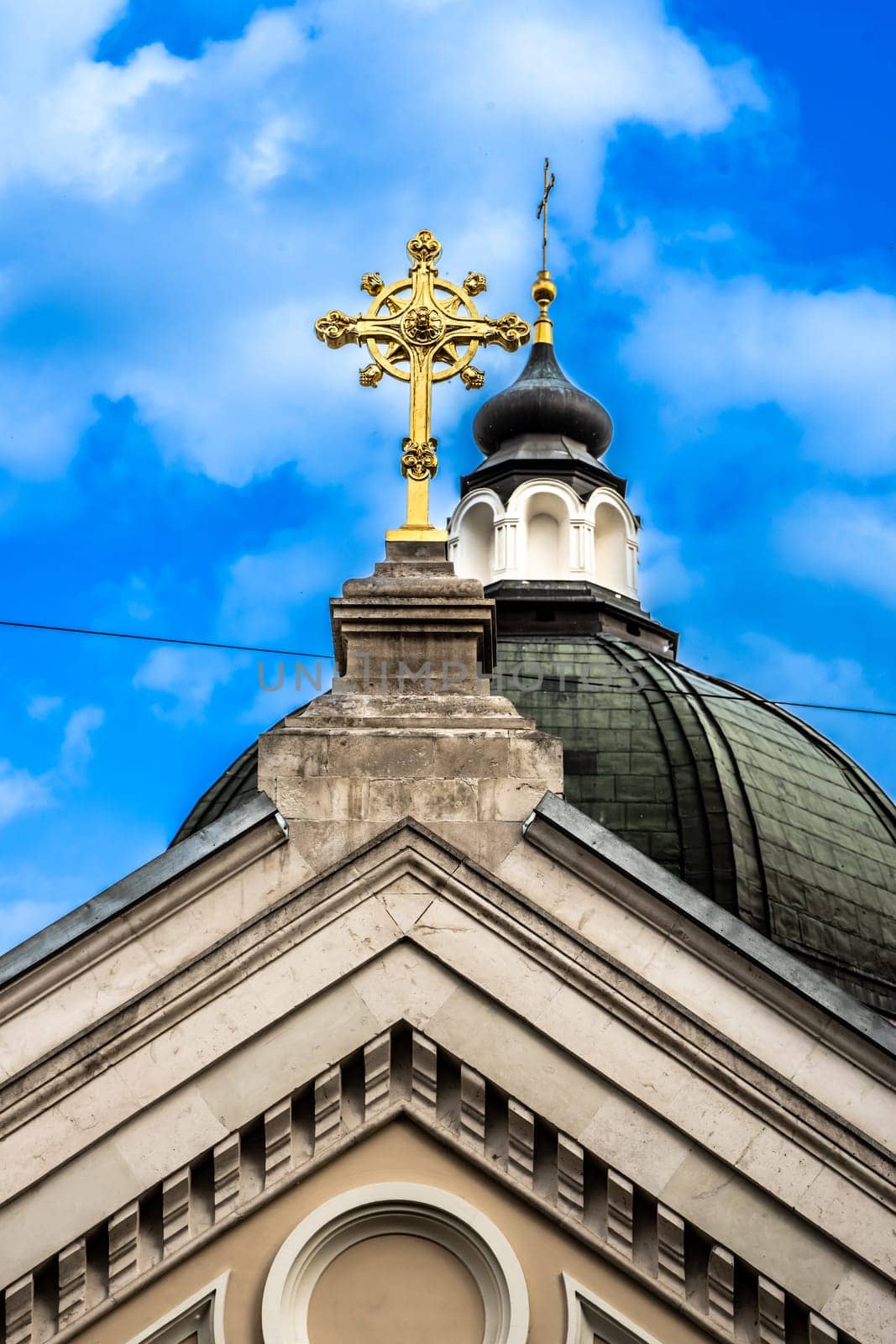 Orthodox church against the blue sky. Concept: religion, travel architecture