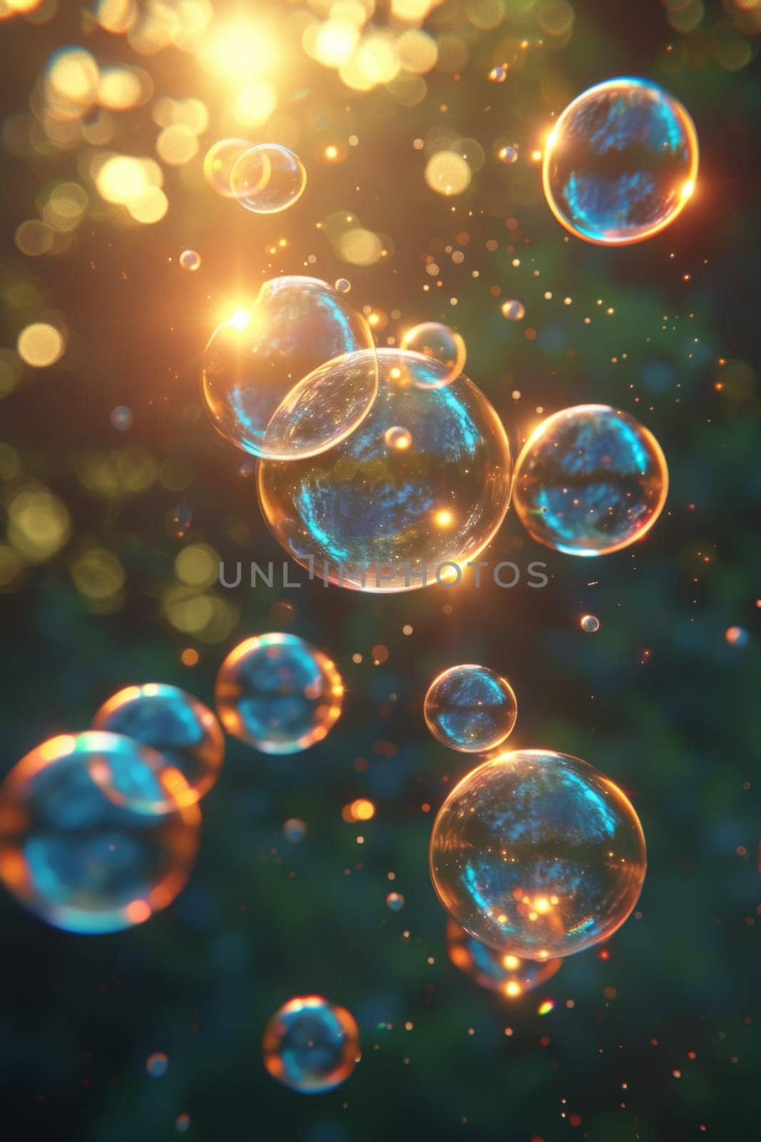 Rainbow soap bubbles in sunlight on a dark background by Lobachad