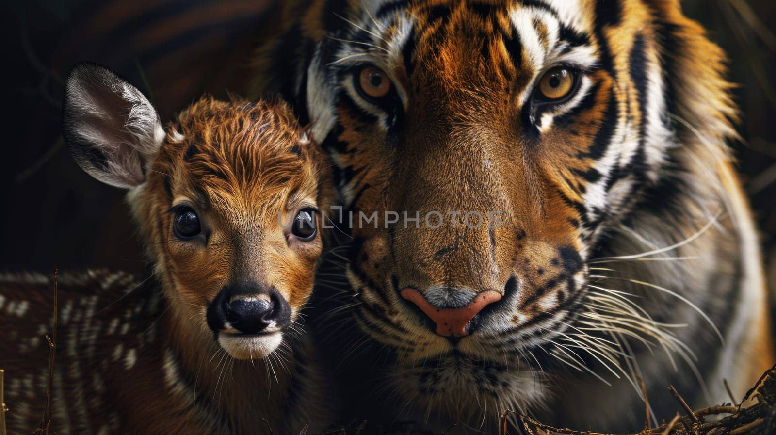 A baby deer is standing next to a tiger. Concept of curiosity and wonder about the relationship between the two animals by golfmerrymaker