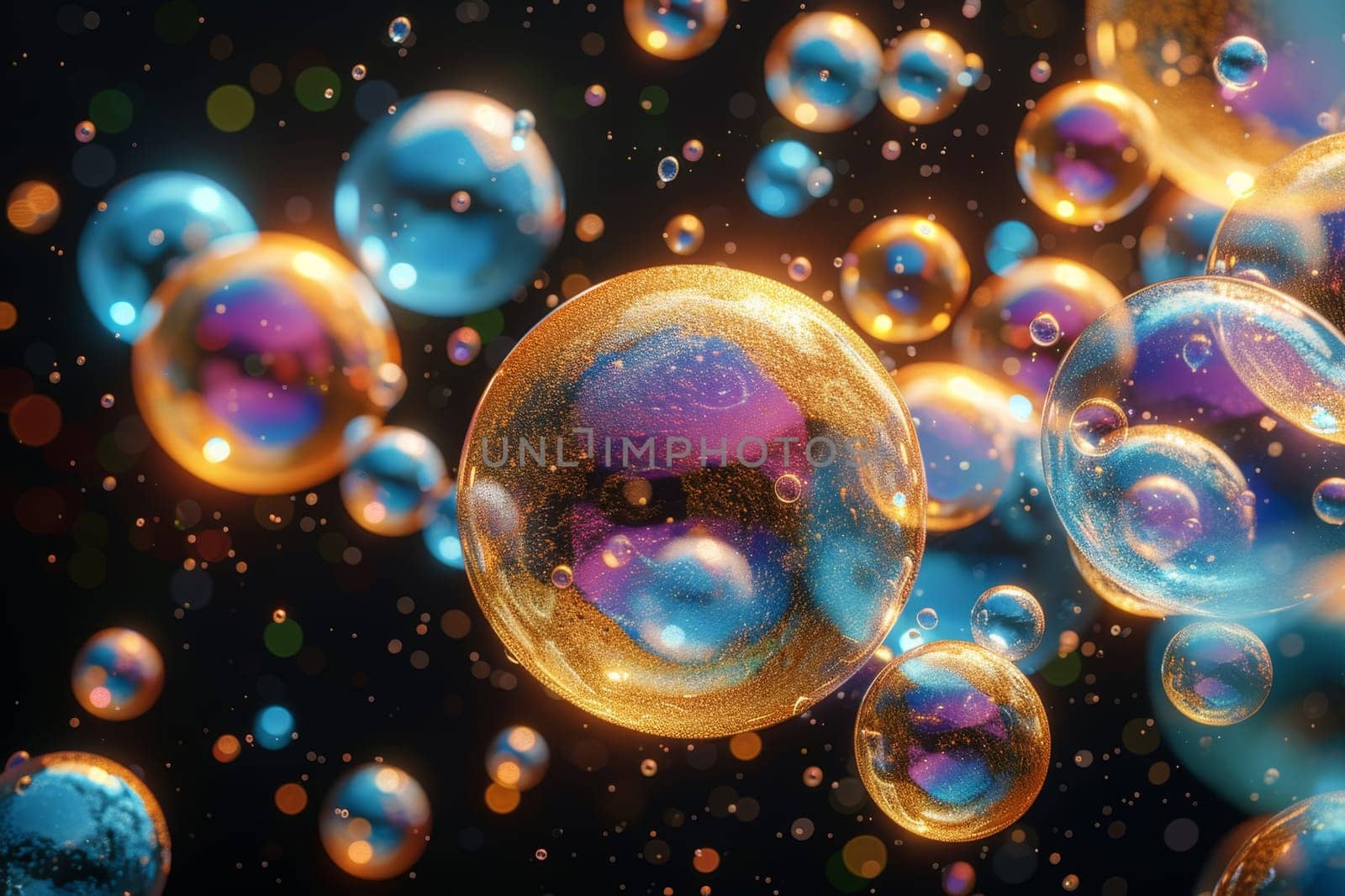 Rainbow soap bubbles in sunlight on a dark background.