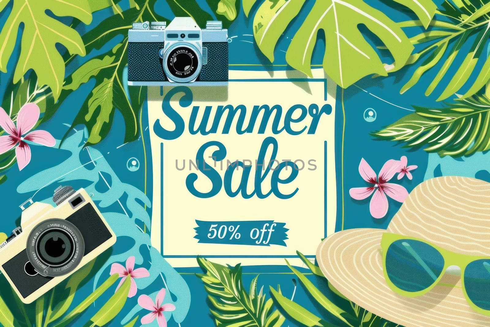 Creative summer sale banner with beach, tropical leaves, hat, sunglasses, camera by golfmerrymaker