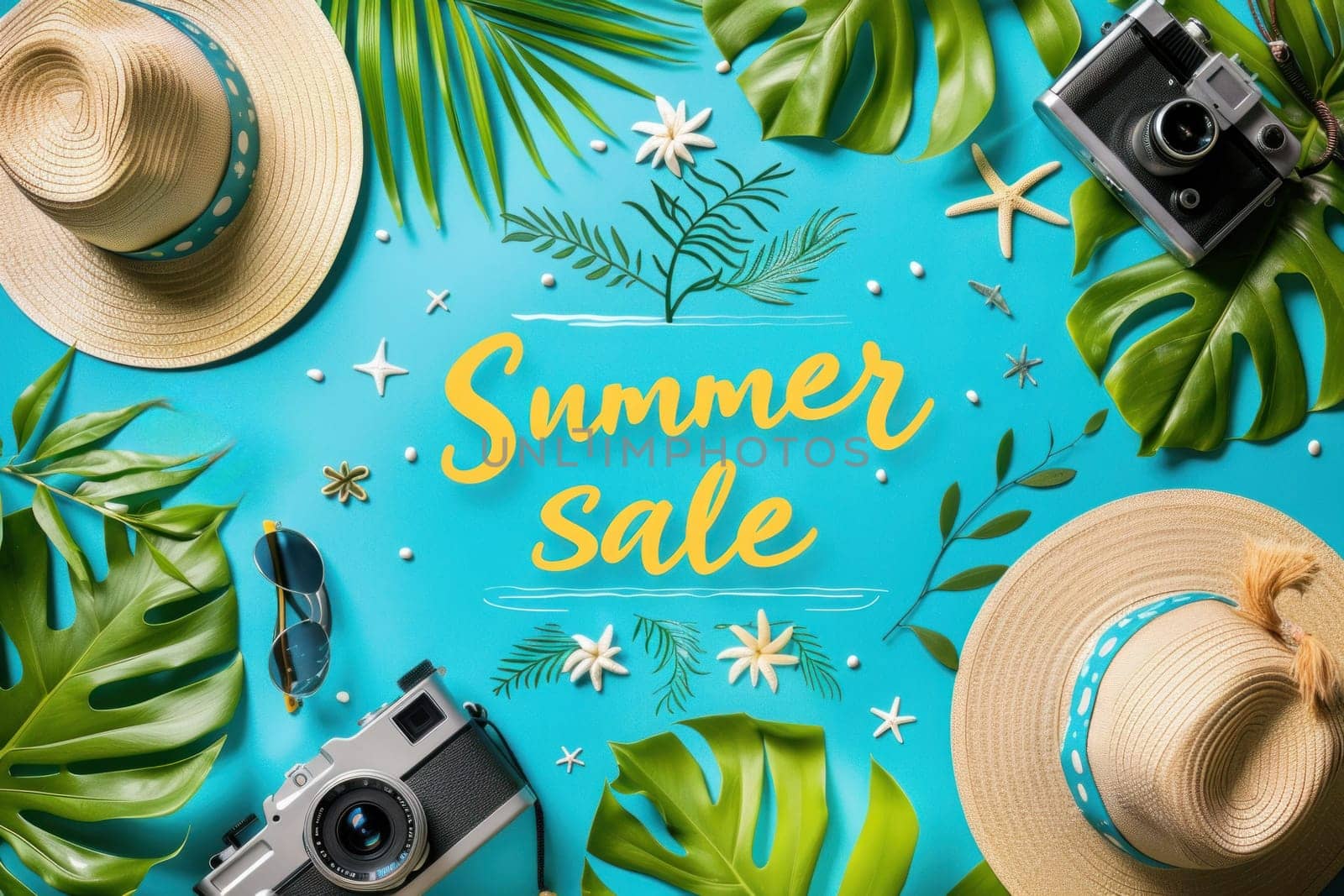 Creative summer sale banner with beach, tropical leaves, hat, sunglasses, camera by golfmerrymaker