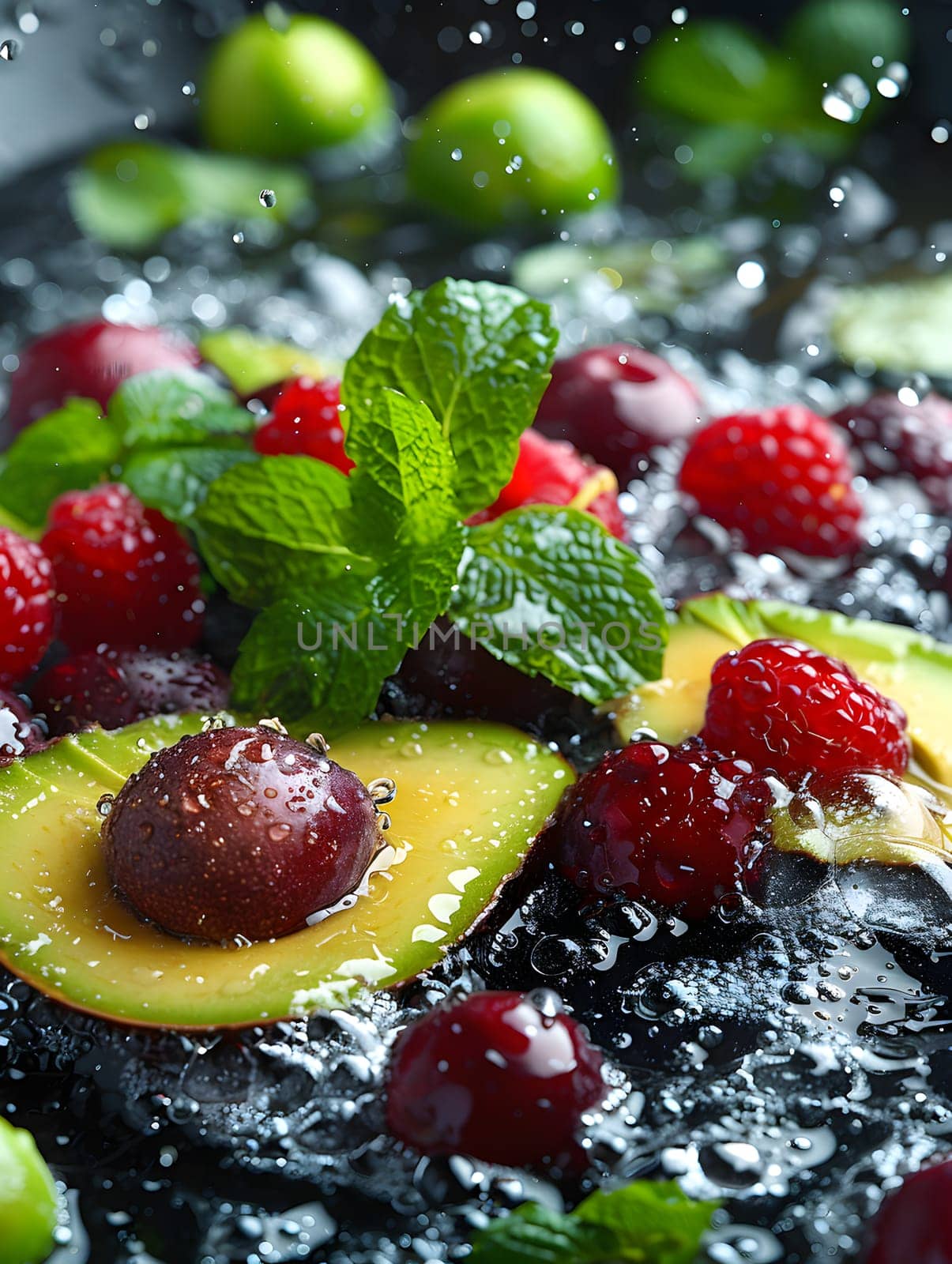 A closeup shot showcasing a slice of avocado surrounded by fresh raspberries and mint leaves, creating a vibrant and appetizing display of natural foods