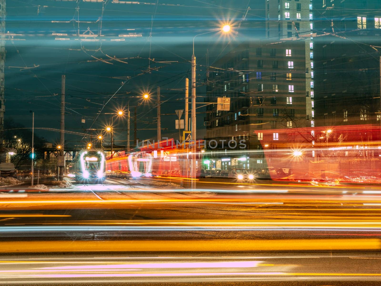 the crossroads of the night city on a long exposure. low light