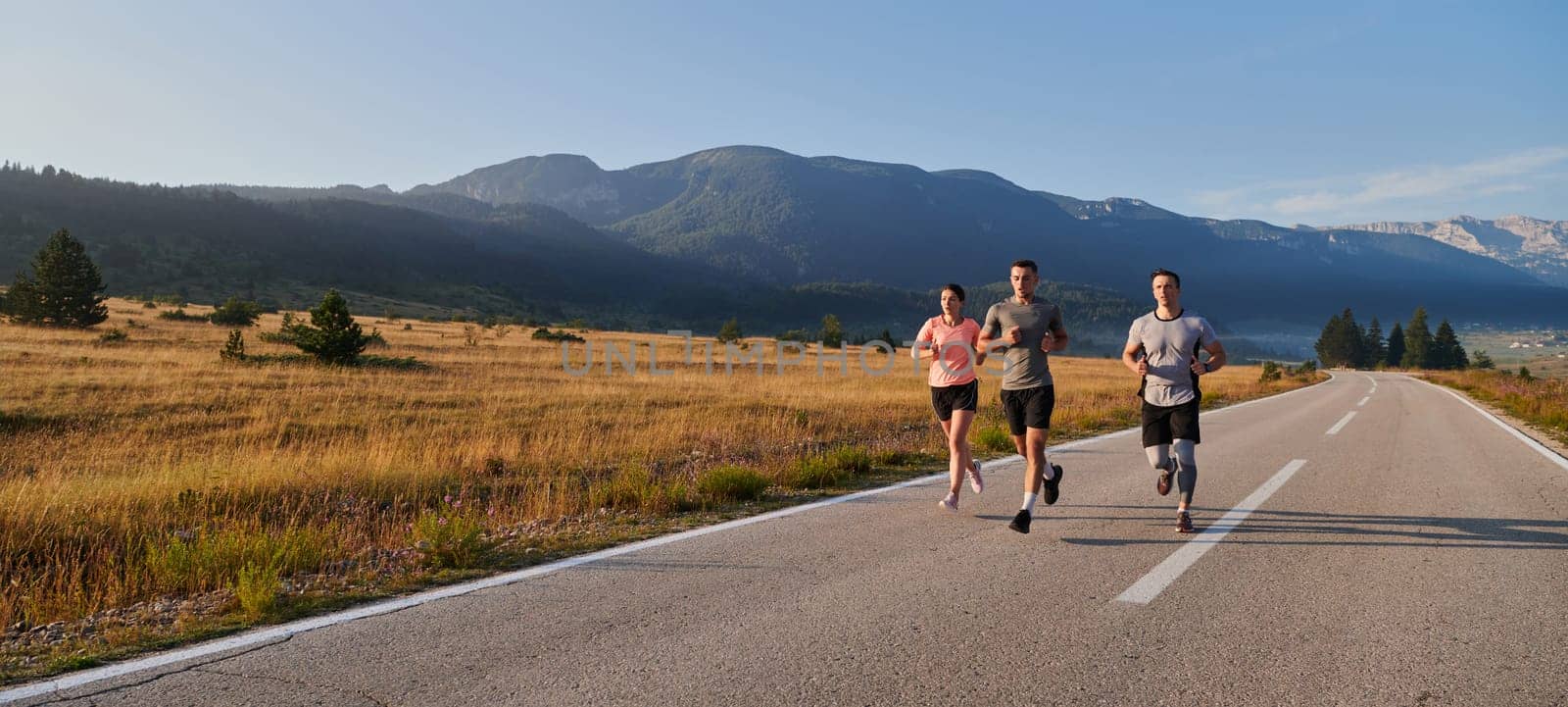 A group of friends maintains a healthy lifestyle by running outdoors on a sunny day, bonding over fitness and enjoying the energizing effects of exercise and nature by dotshock