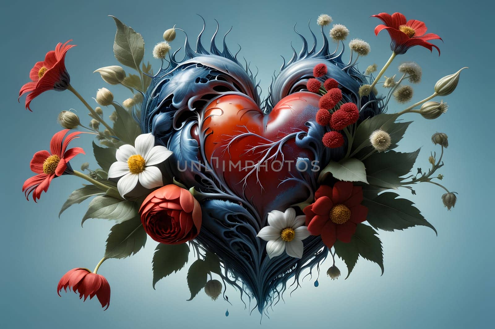 kind heart in flowers. AI generated image.