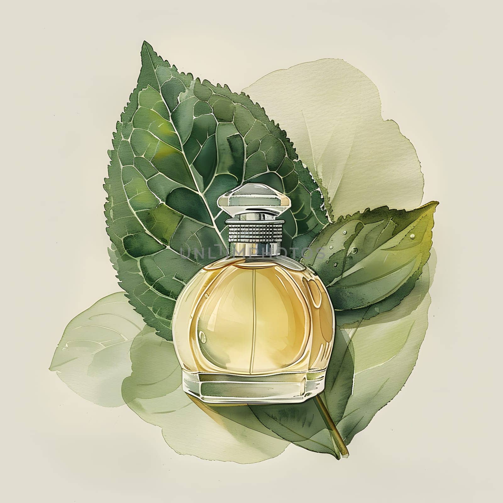 A bottle of perfume, a fashion accessory, sits amidst a bed of green leaves. Its liquid contents glisten through the glass, a creative arts display of nature and elegance