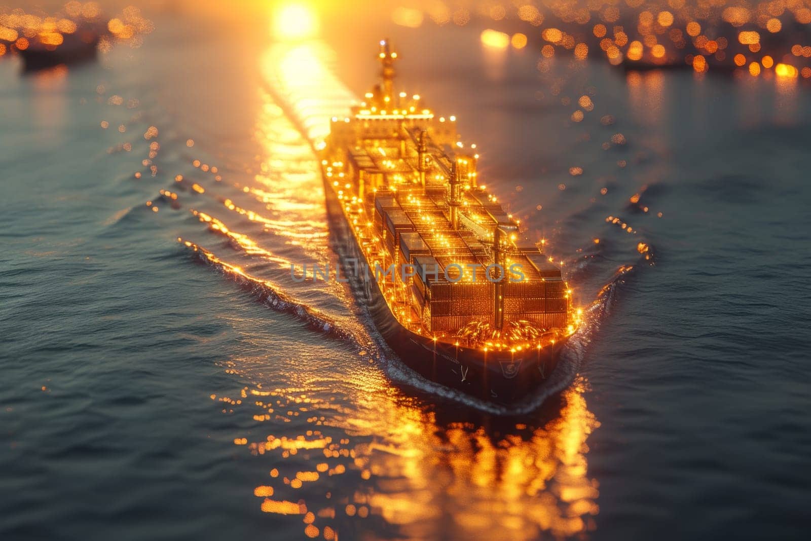 A ship with gold containers carries cargo by sea. Container ship.