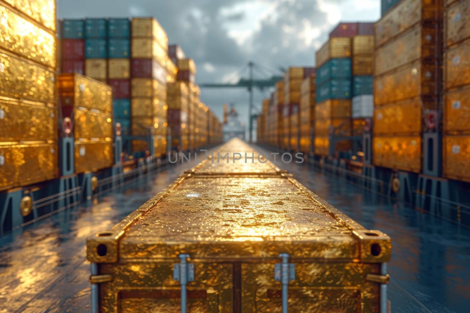 Gold containers with cargo in the port before shipment.