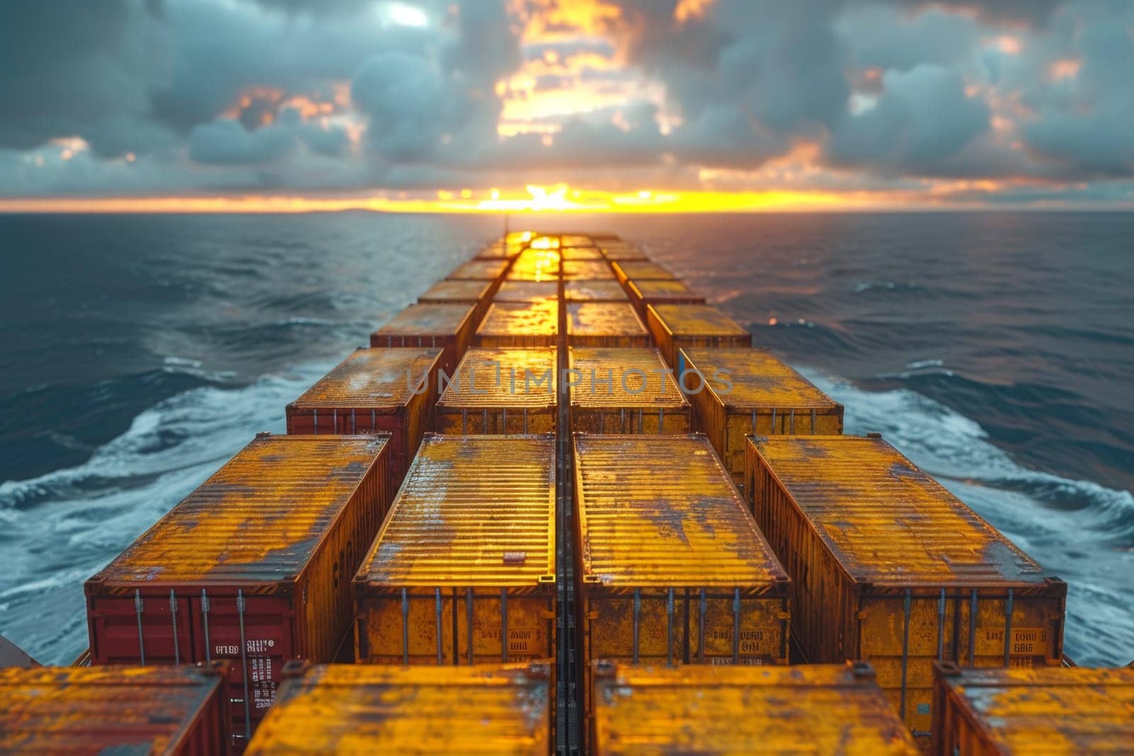 Gold containers with cargo on a container ship in the ocean.