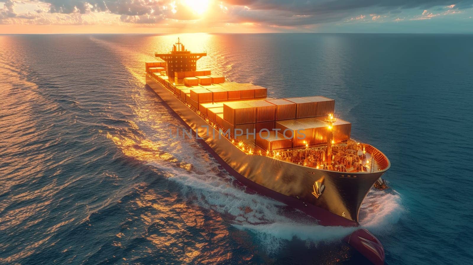 A ship with gold containers carries cargo by sea. Container ship.