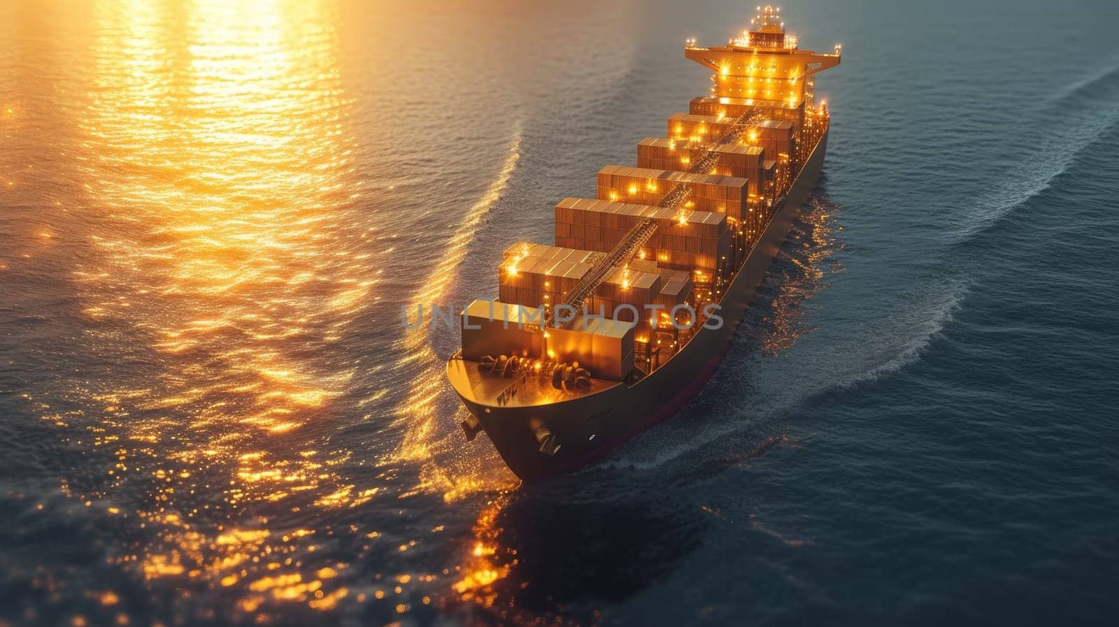 A ship with gold containers carries cargo by sea. Container ship.