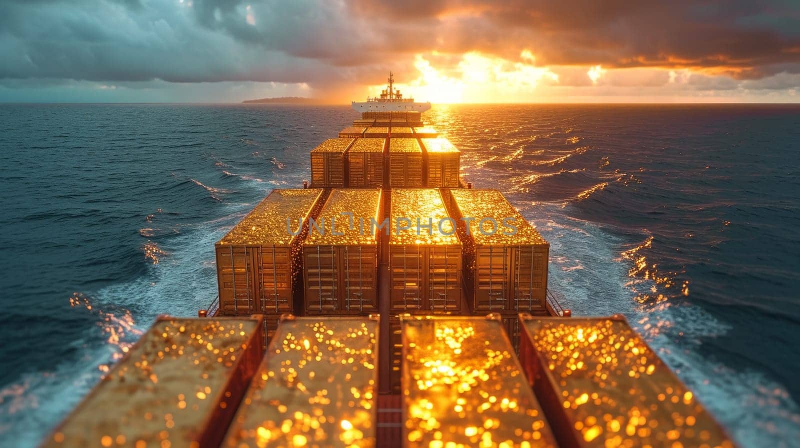 Gold containers with cargo on a container ship in the ocean at sunset.