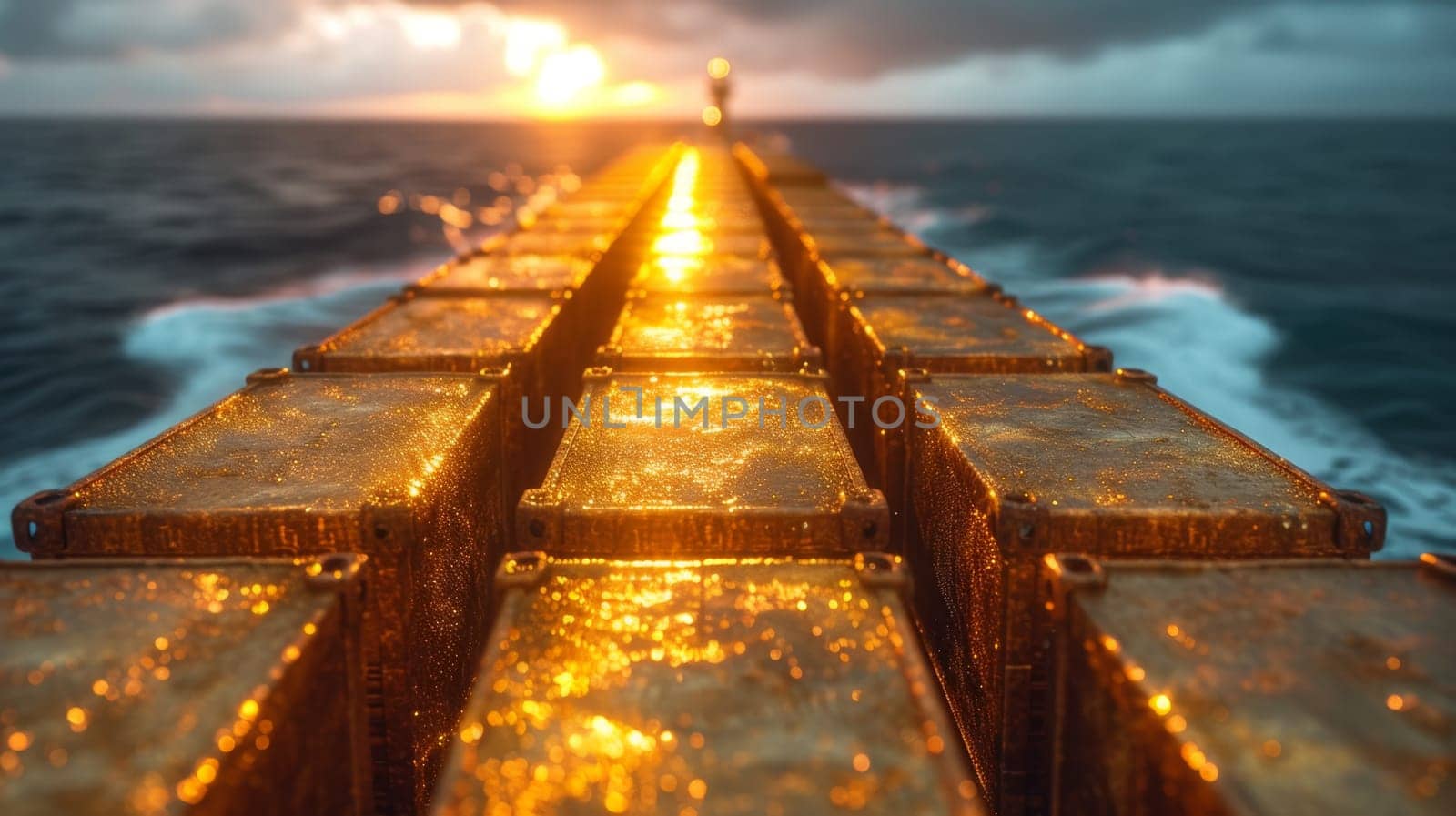 Gold containers with cargo on a container ship in the ocean at sunset.
