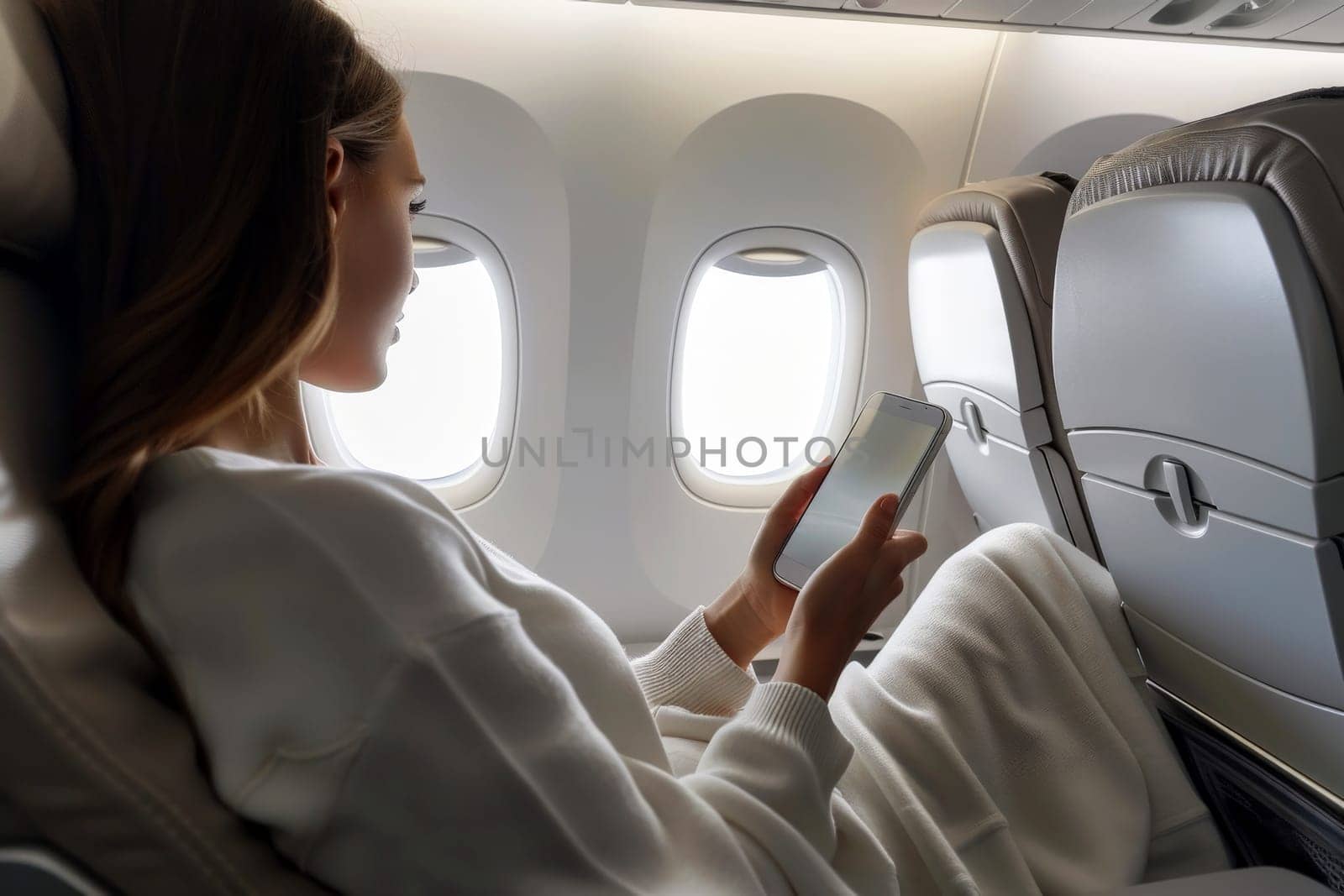 Woman using a smart phone in a plane. Generative AI. by matamnad