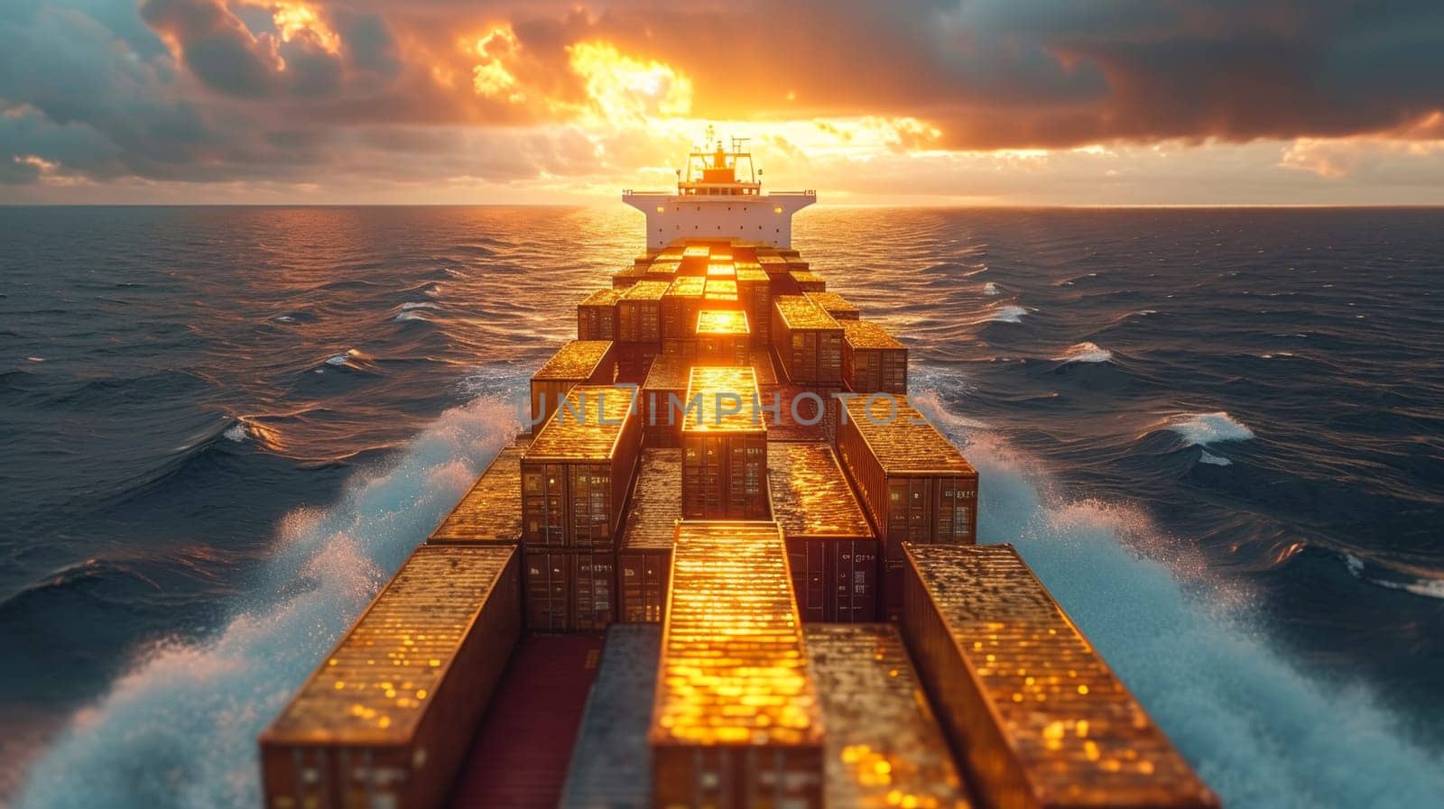 Gold containers with cargo on a container ship in the ocean at sunset.