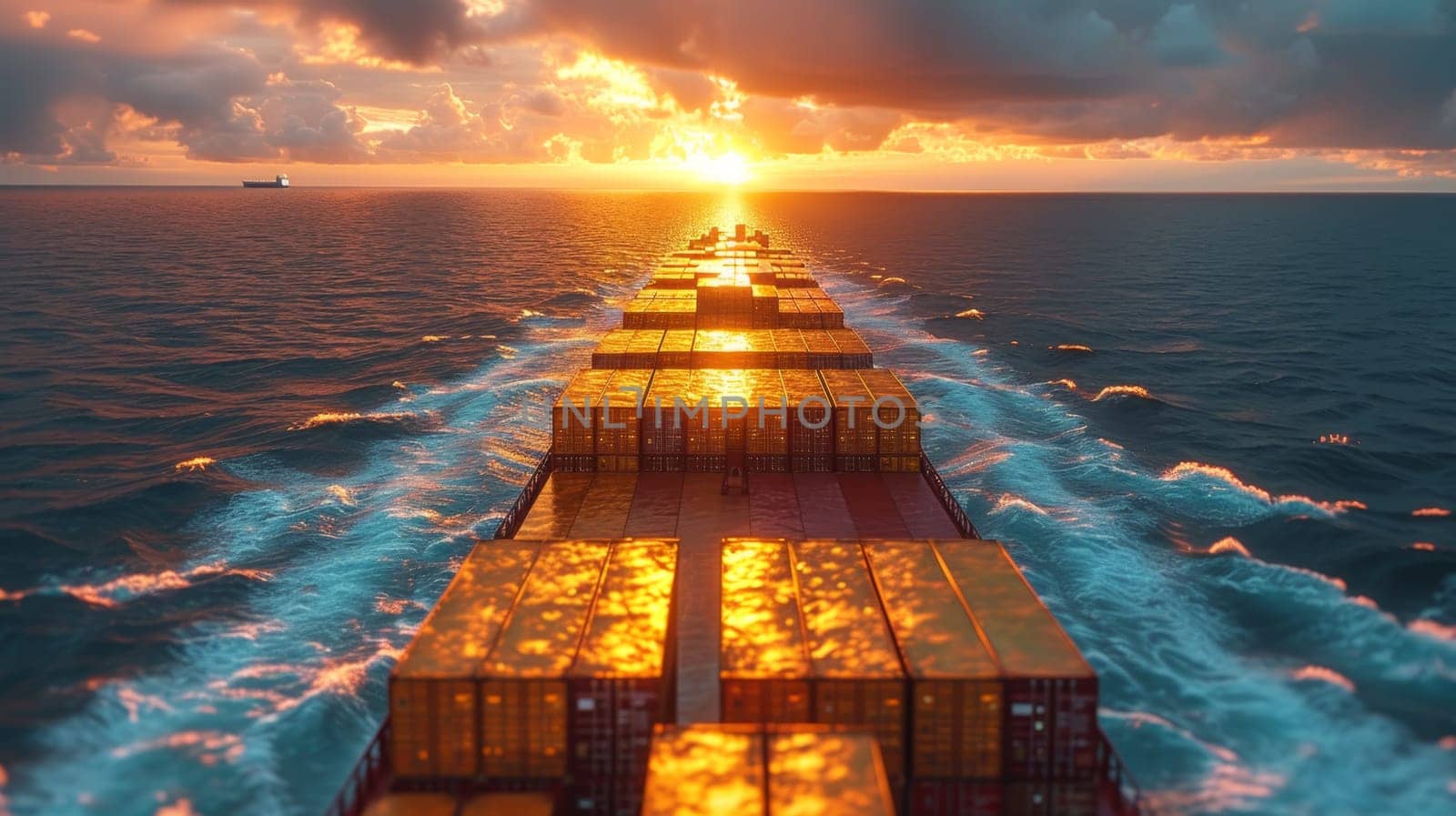 Gold containers with cargo on a container ship in the ocean at sunset.