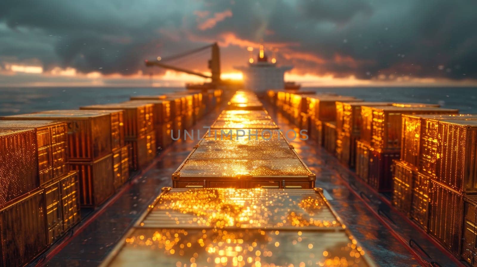 Gold containers with cargo on a container ship in the ocean.