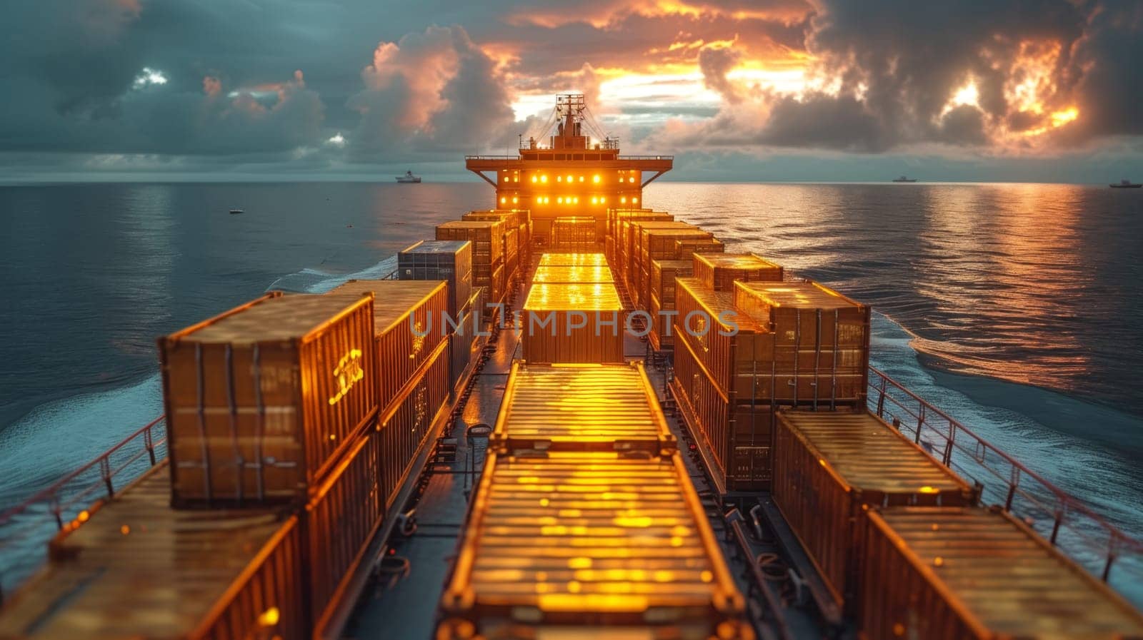 Gold containers with cargo on a container ship in the ocean.