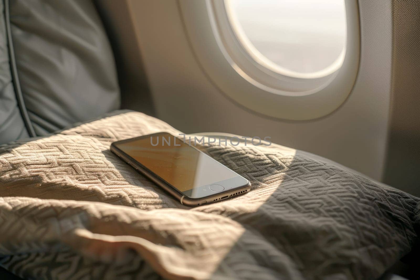 Smartphone with mockup screen on airplane. ai generative by matamnad