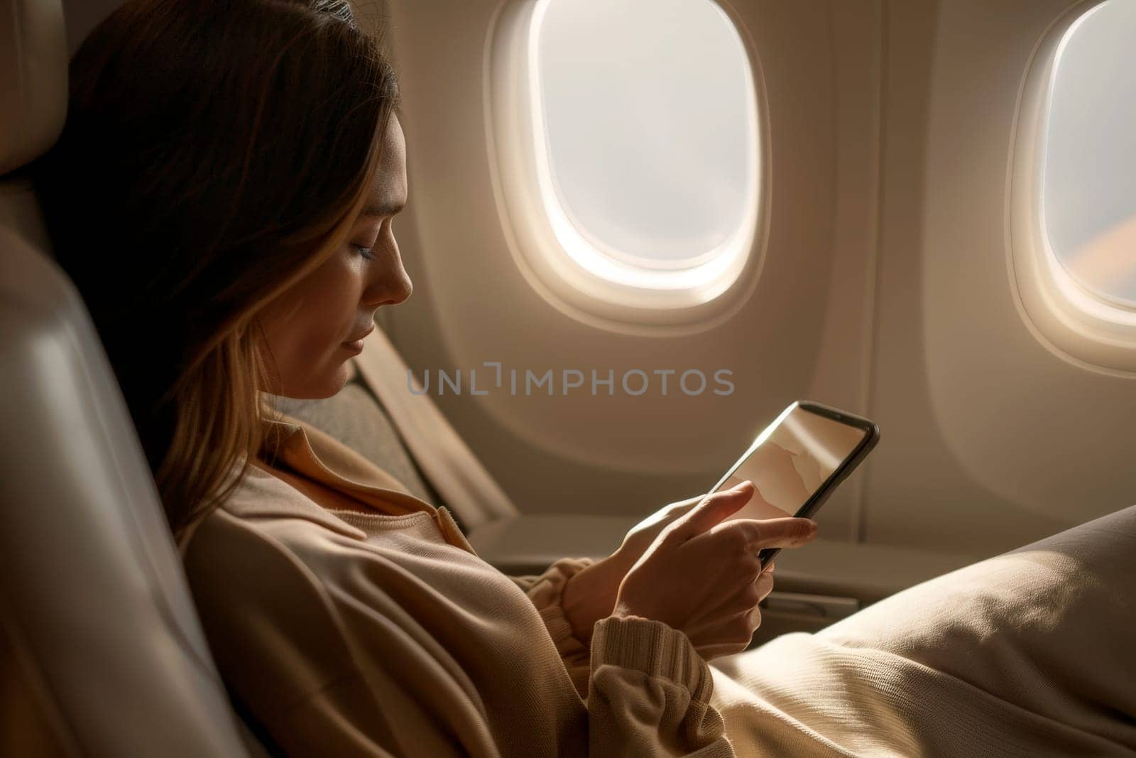 Woman using a smart phone in a plane. Generative AI..