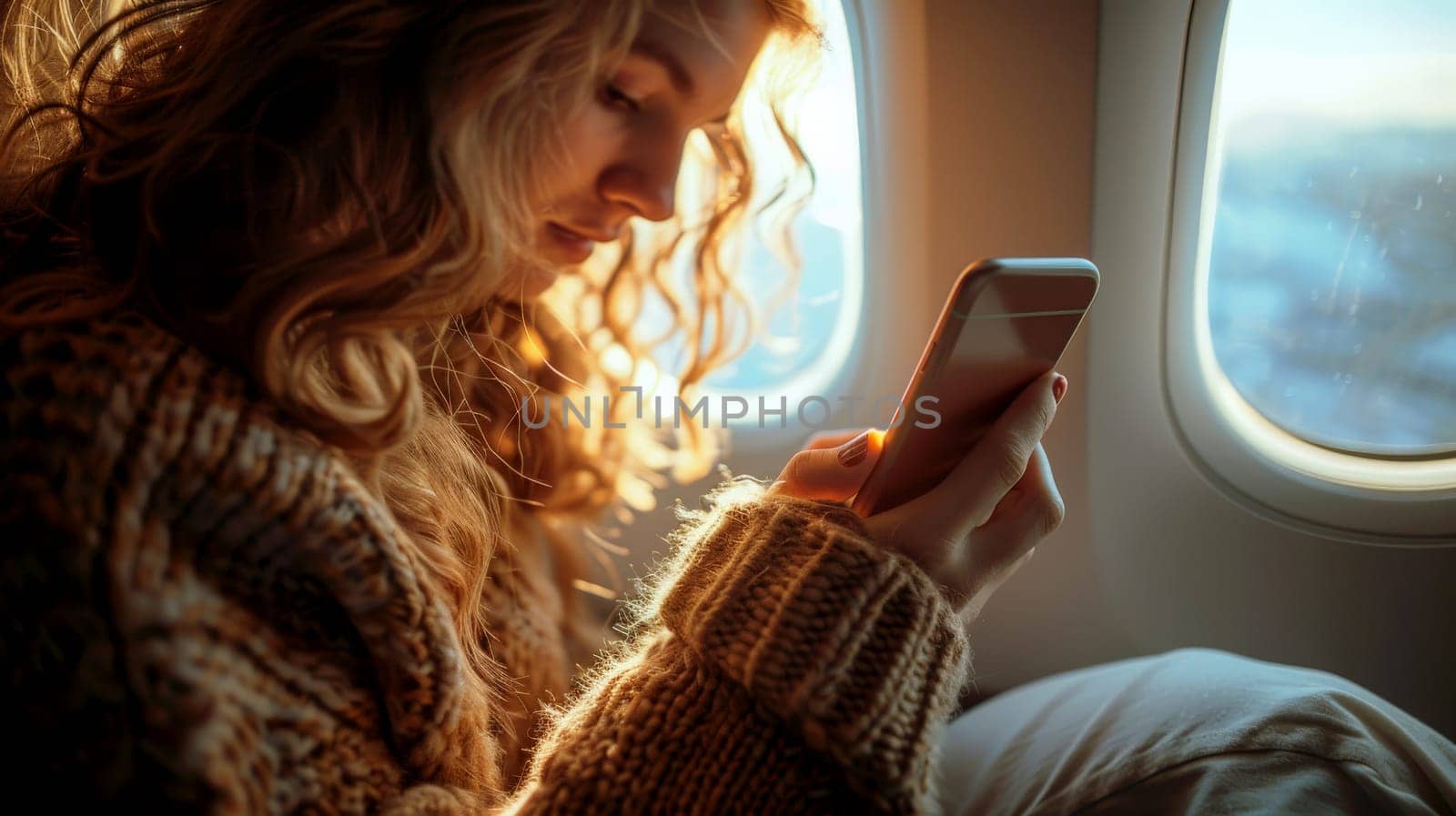 Woman using a smart phone in a plane. Generative AI. by matamnad