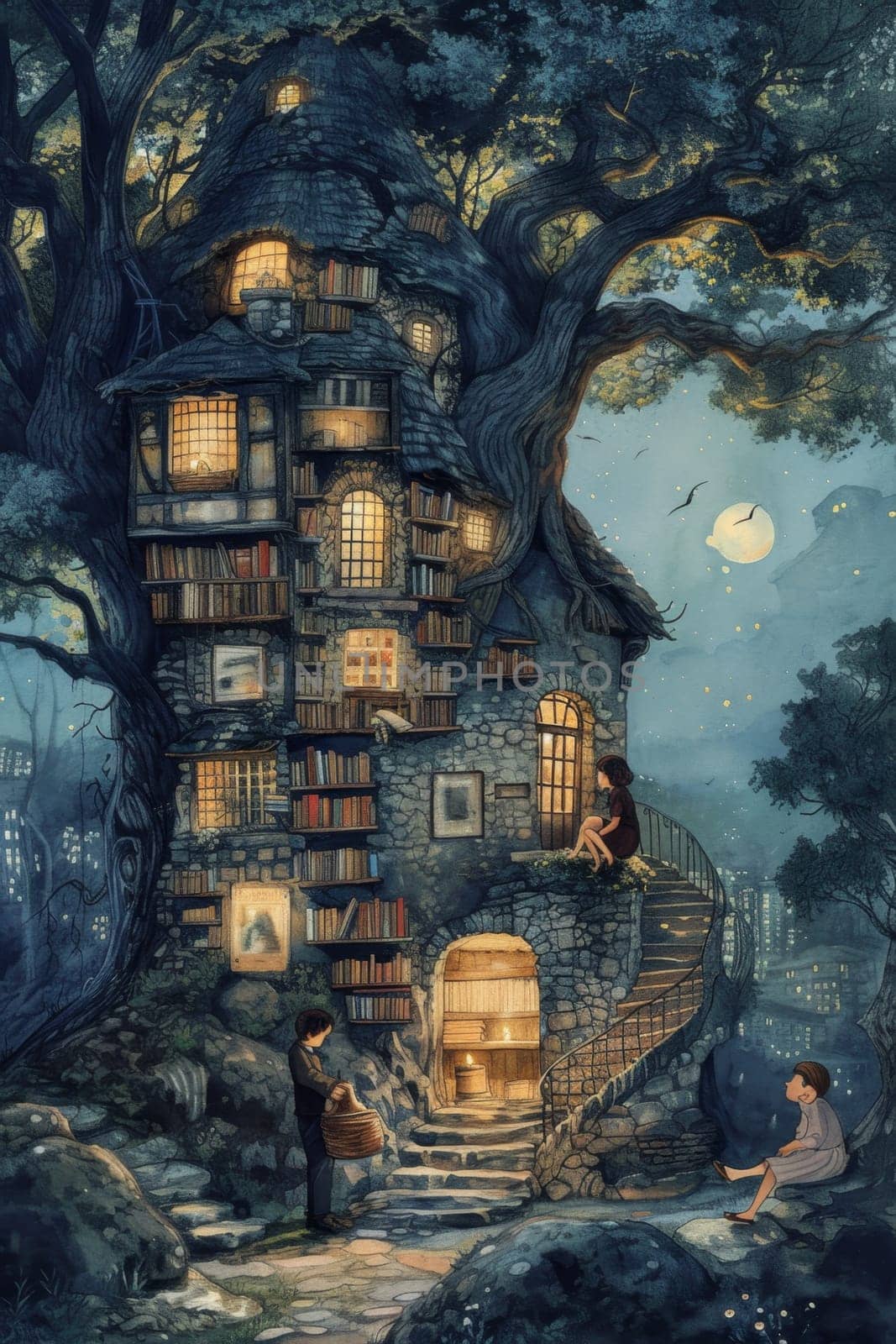 A fabulous house in the village at night . Illustration.