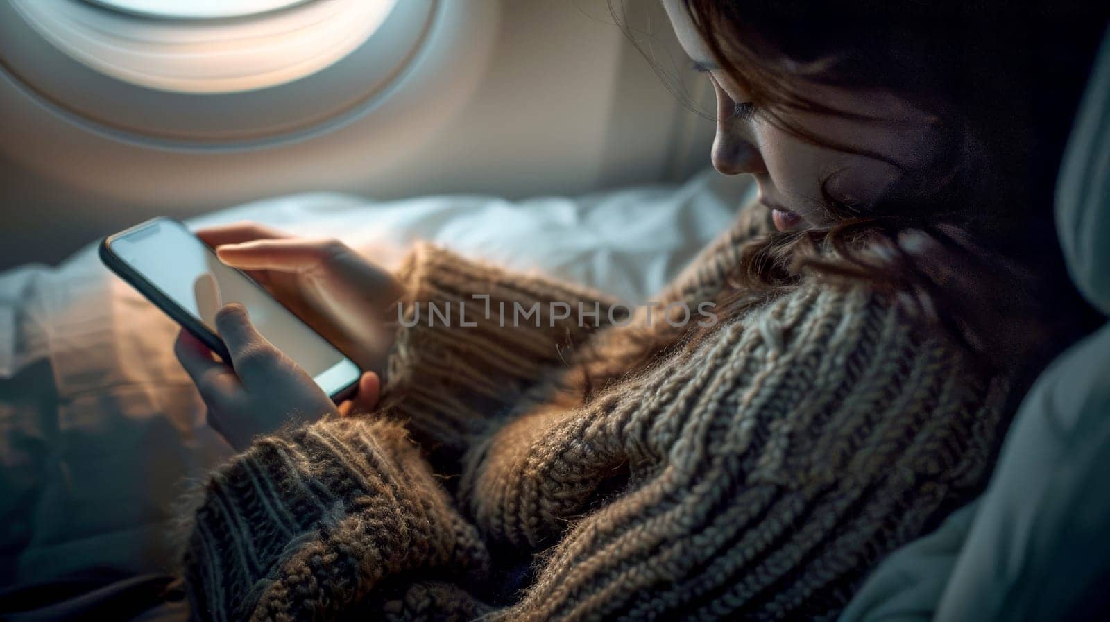 Woman using a smart phone in a plane. Generative AI. by matamnad