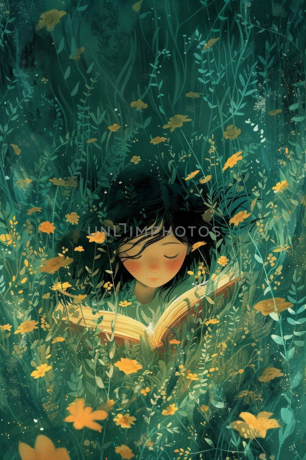 A girl reads a book in the summer while sitting in a field.
