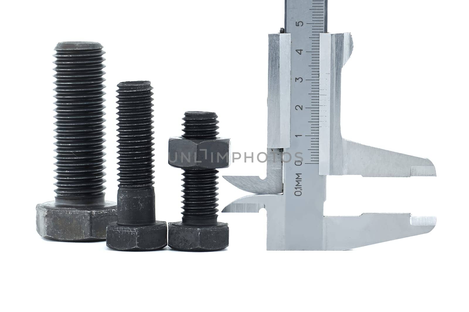 Hex head bolt and nut measured by a Vernier caliper isolated on white background. The caliper is being used to gauge the external diameter of the bolt