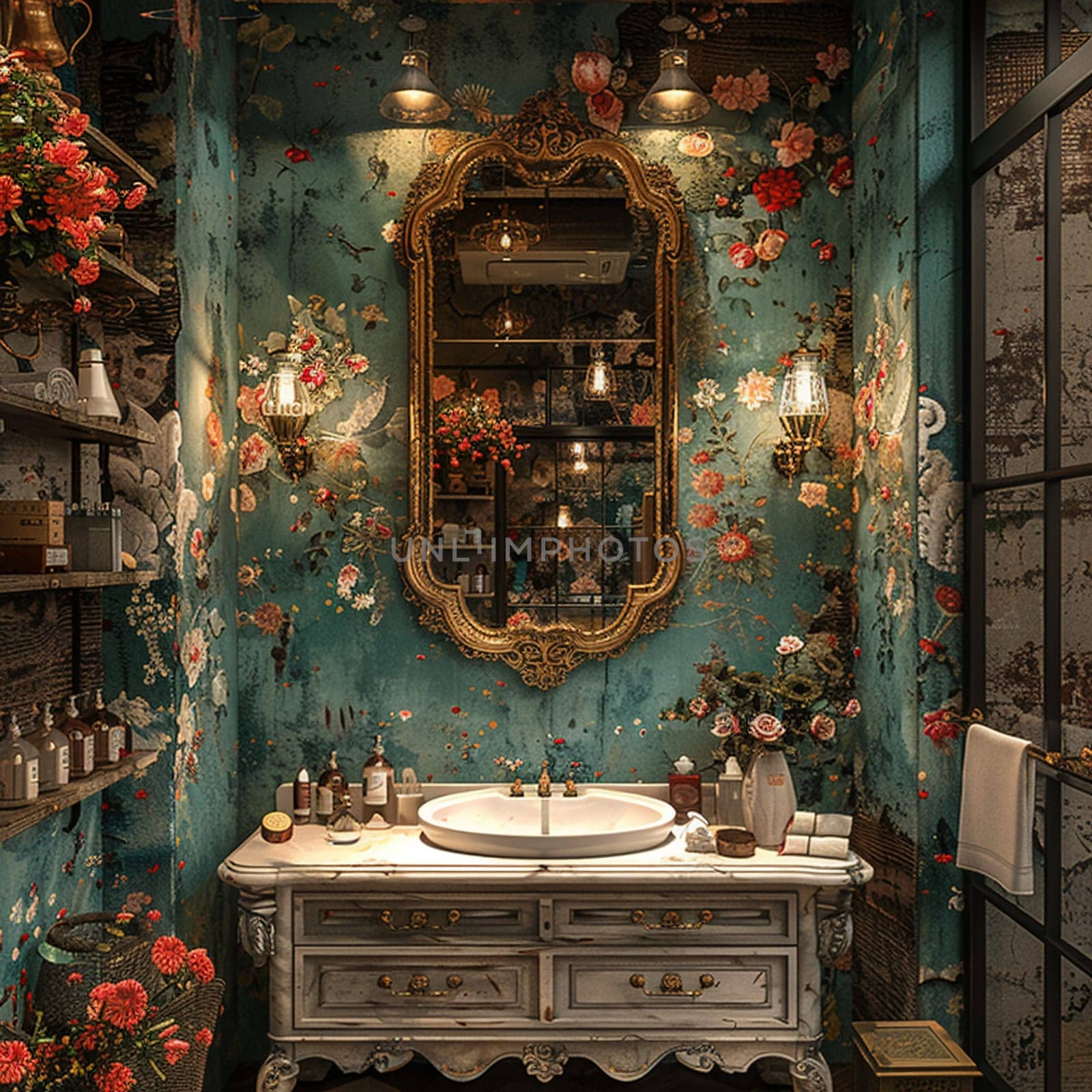 Elegant powder room with floral wallpaper and antique mirror8K by Benzoix