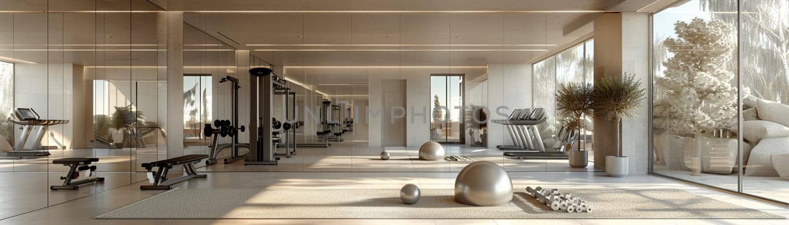 Functional and stylish home gym with mirrored walls and modern equipmentup32K HD by Benzoix