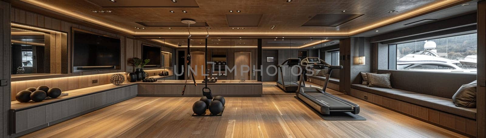 Functional and stylish home gym with mirrored walls and modern equipmentup32K HD