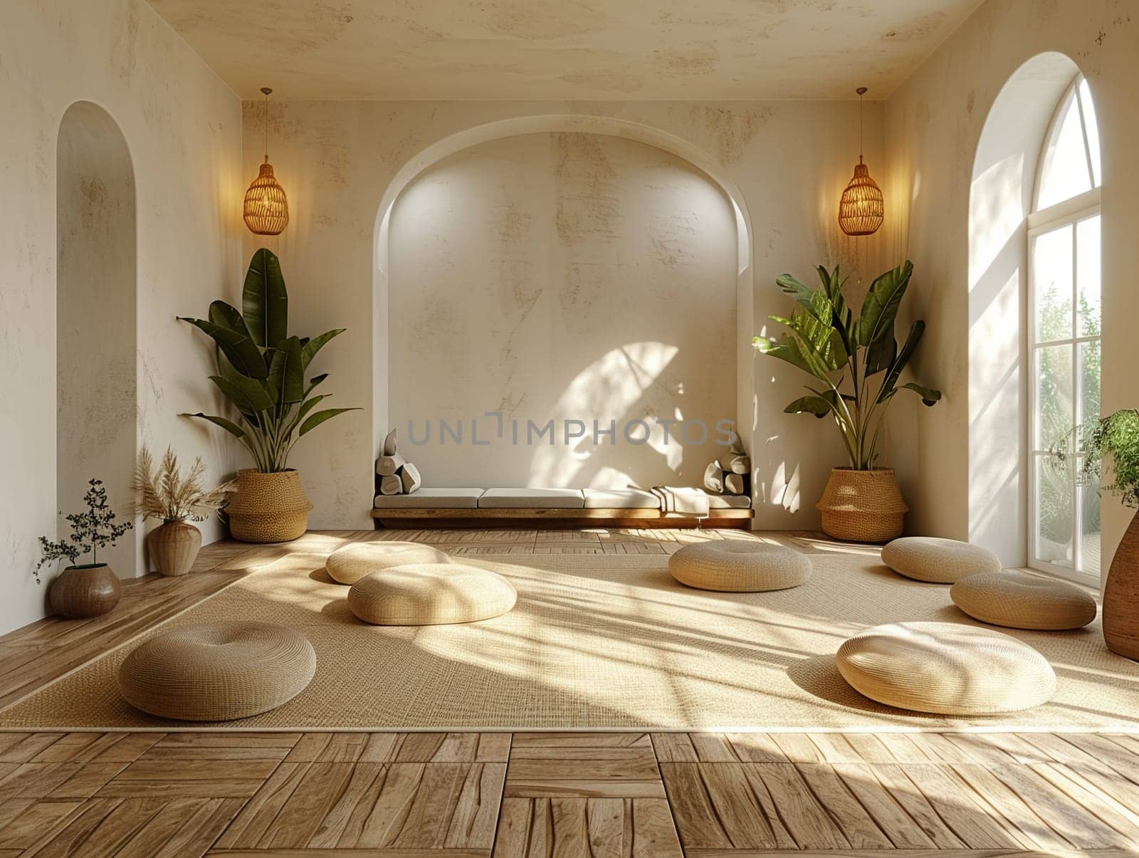 Peaceful yoga studio with natural wood floors and calming colorsHyperrealistic