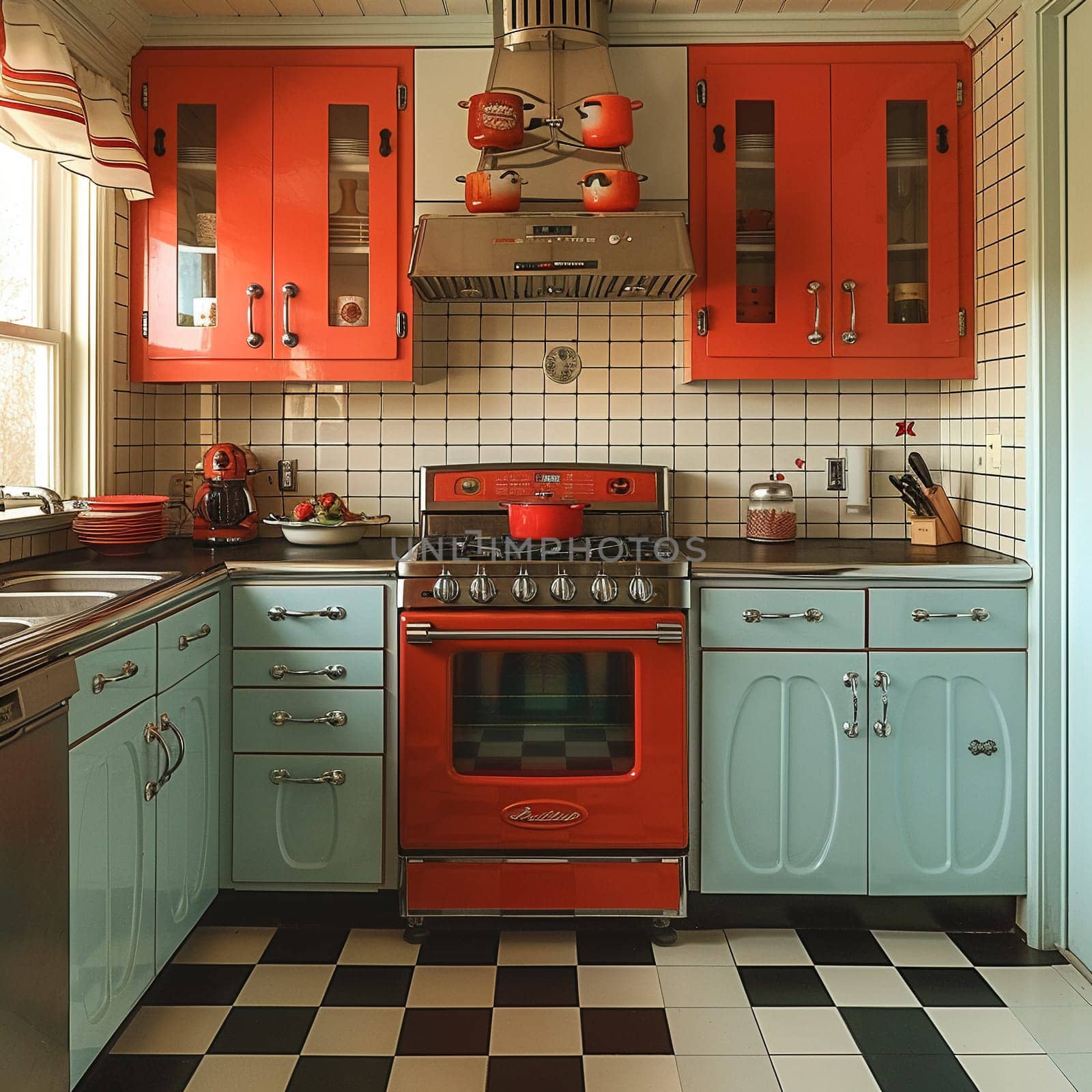 Vintage diner-inspired kitchen with checkered floors and retro appliancesHyperrealistic