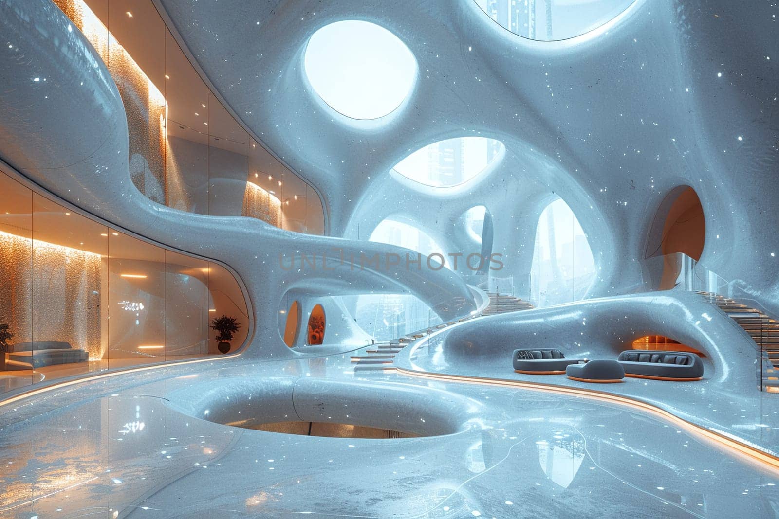 Futuristic lobby with interactive installations and high-tech featuressuper detailed