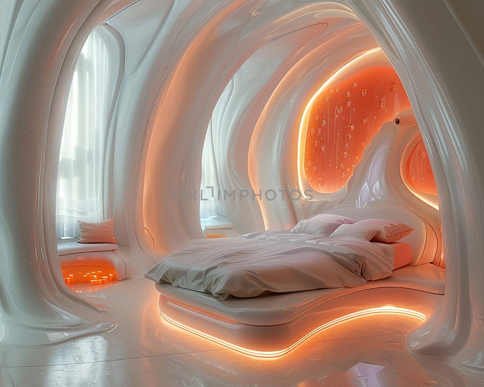 Futuristic bedroom with dynamic lighting and modular furniture8K by Benzoix