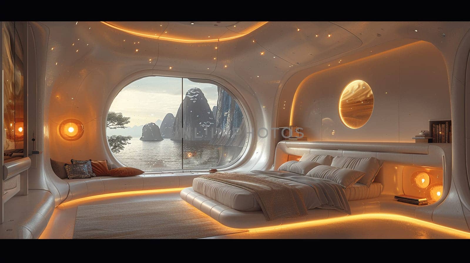 Futuristic bedroom with dynamic lighting and modular furniture8K