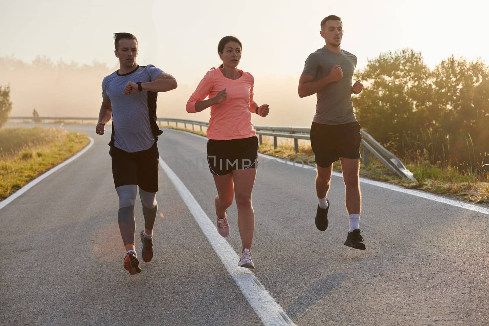 A group of friends, athletes, and joggers embrace the early morning hours as they run through the misty dawn, energized by the rising sun and surrounded by the tranquil beauty of nature by dotshock