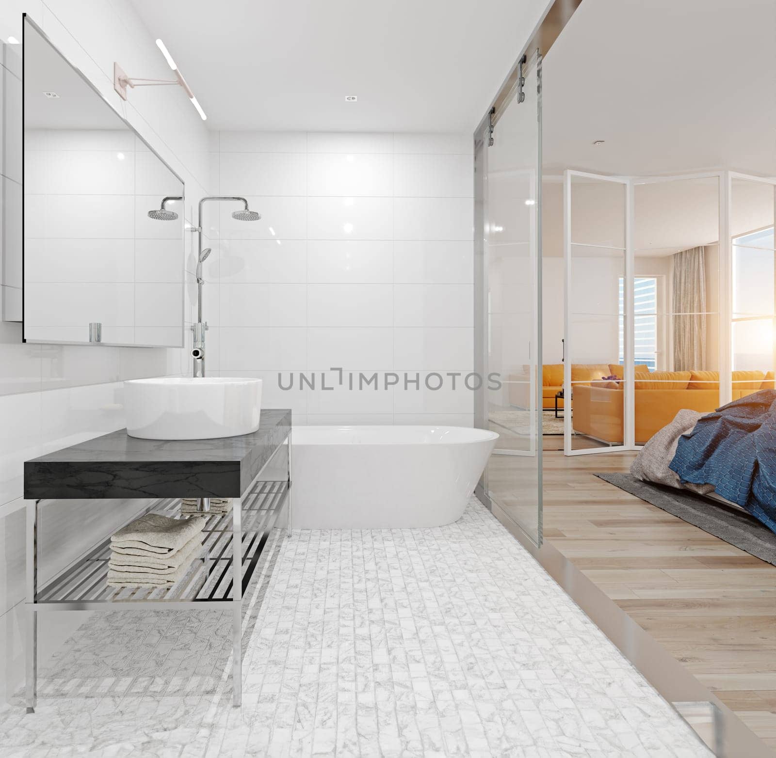 modern bathroom in the bedroom. 3d rendering concept