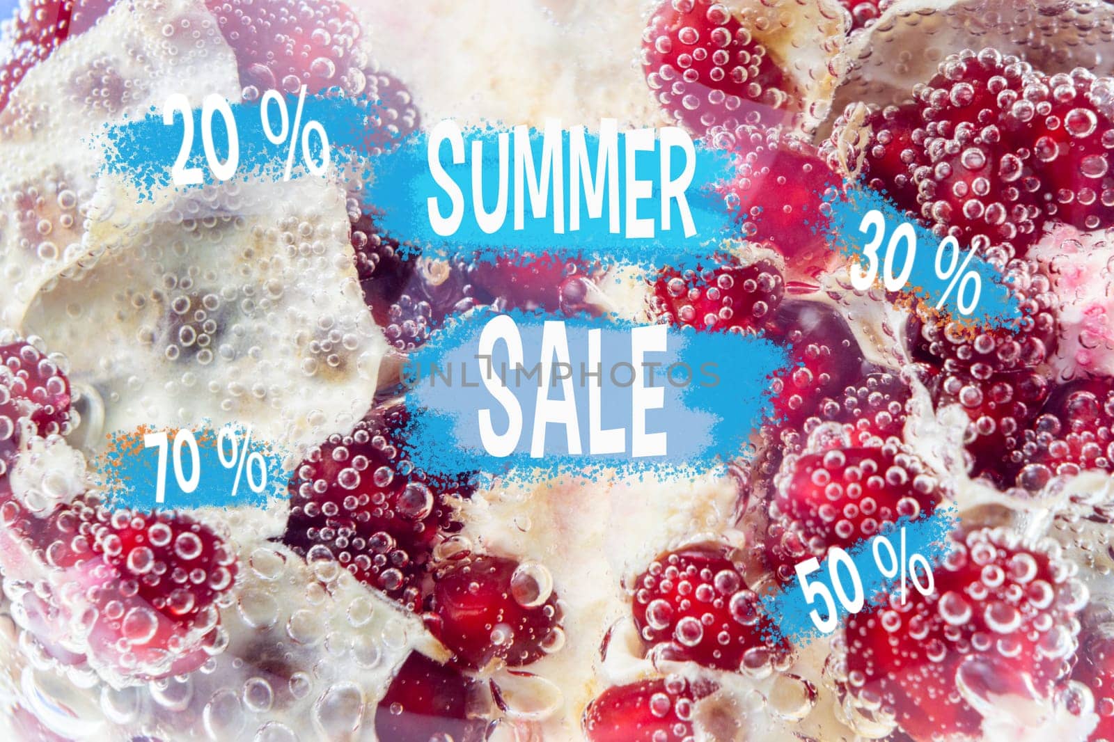 Summer with a tantalizing display of effervescent bubbles text announcing exciting seasonal sale percentages.