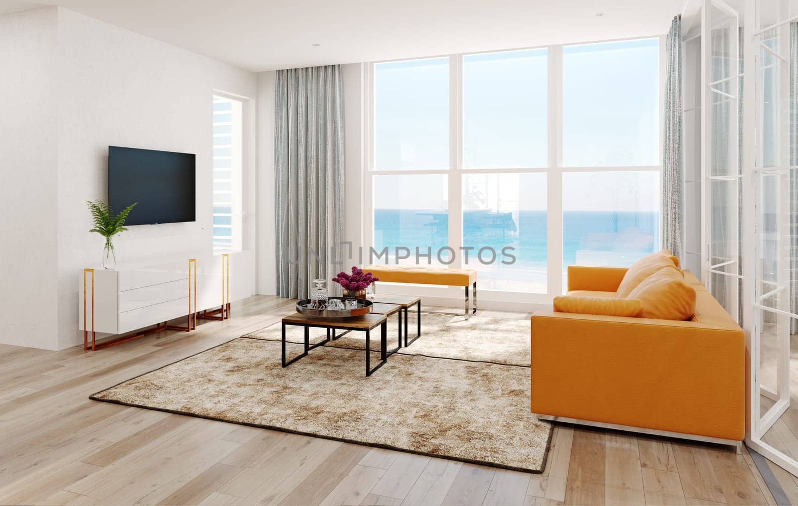 Modern sea view living room interior. 3d rendering design concept