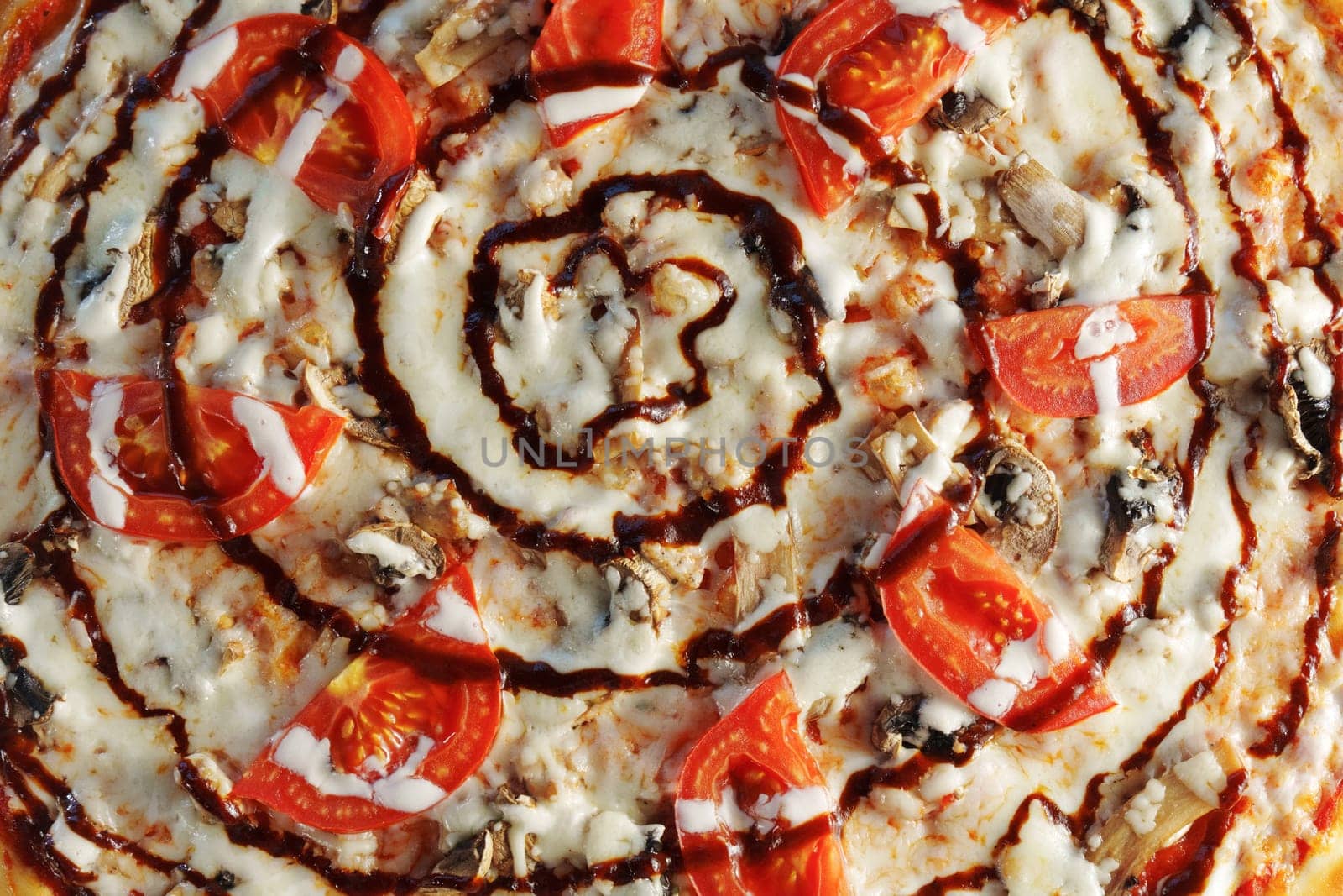 Gourmet Tomato and Mushroom Pizza Delight on Wooden Board