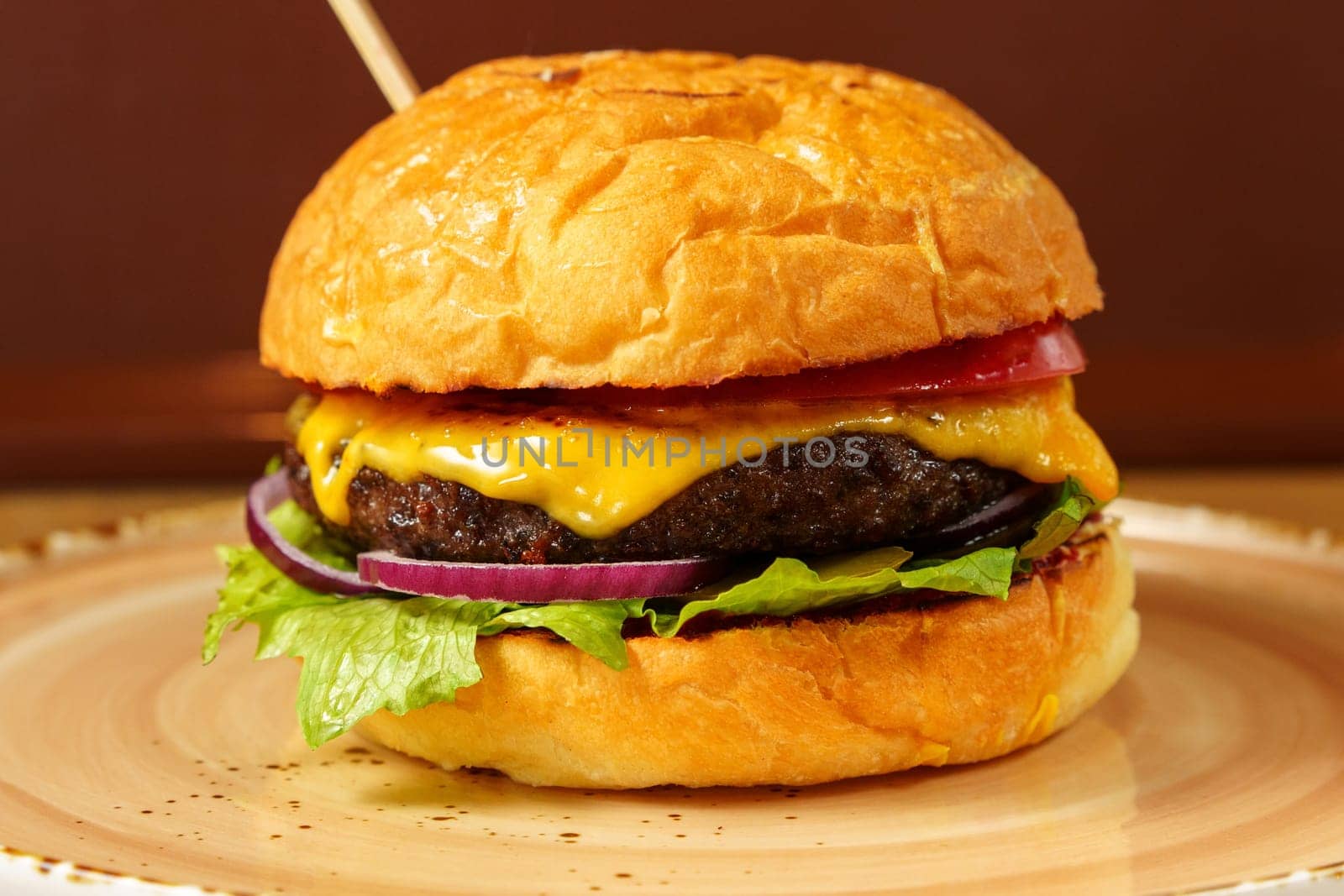 Cheeseburger topped with lettuce and various toppings placed on a plate, ready to be enjoyed. by darksoul72