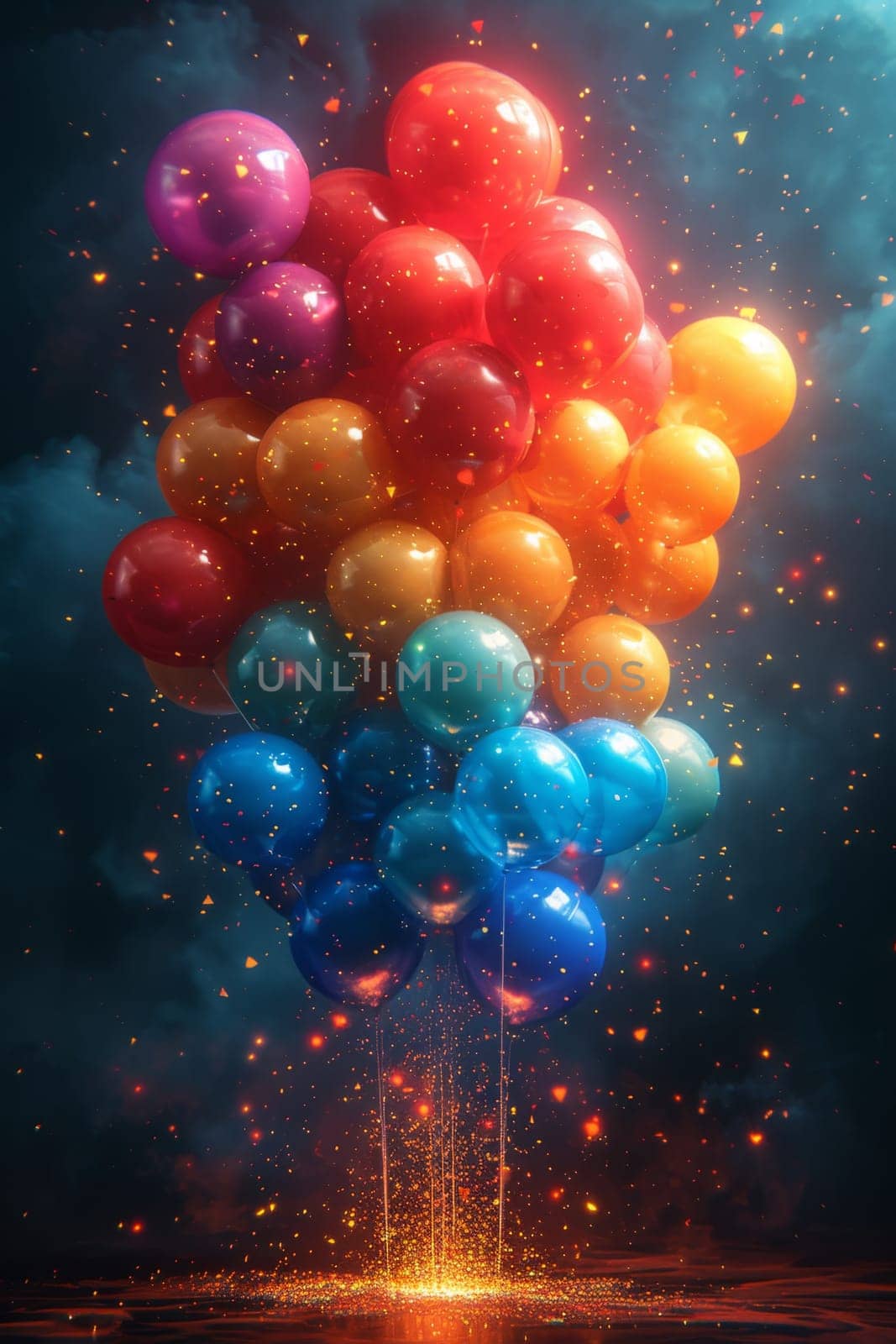 Lots of festive colorful balloons on a blue background.