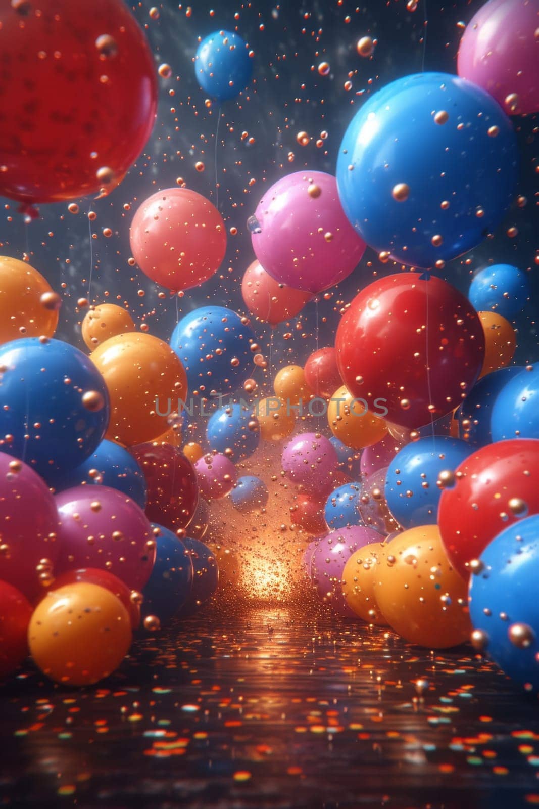 Lots of festive colorful balloons on a blue background.