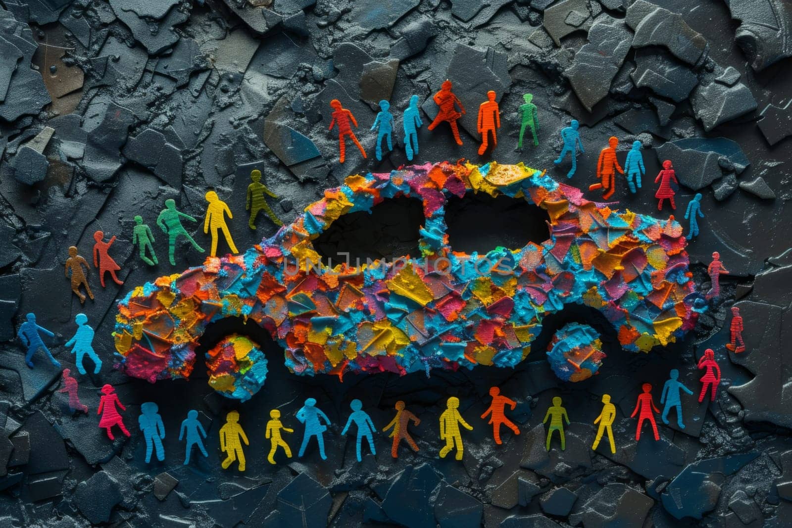 A multicolored passenger car made up of many people on a black background. The concept of the relationship between a car and a person. 3d illustration.