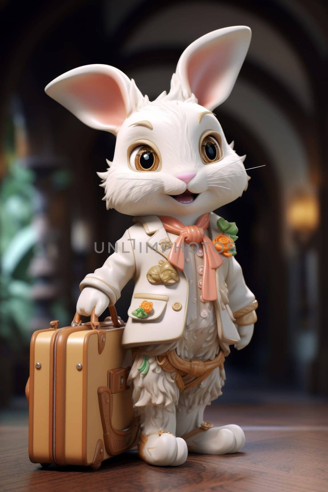A funny character of a hare traveler with a suitcase on the street. 3d illustration.